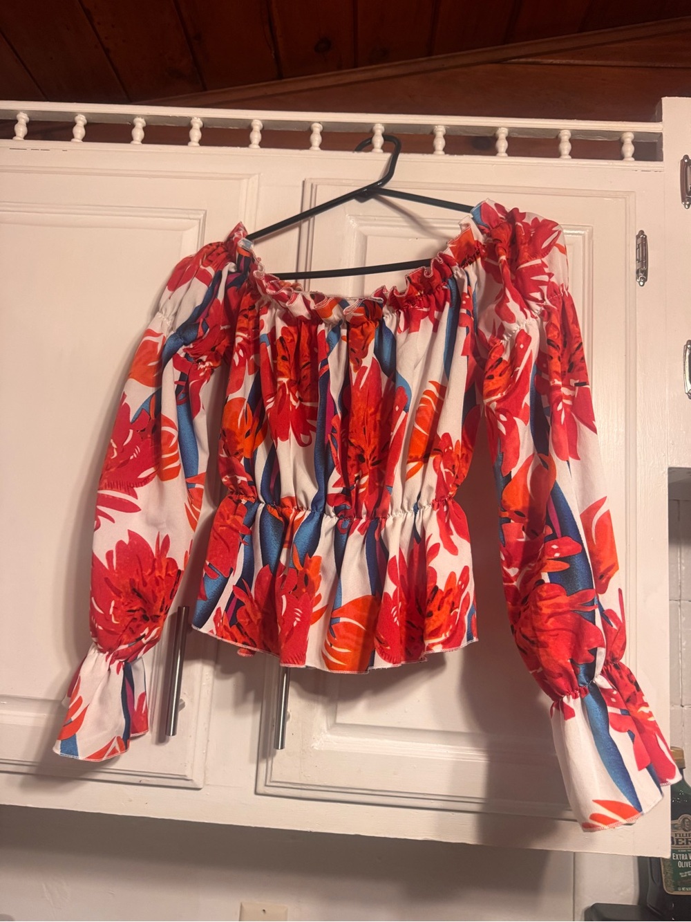 Women's Off-Shoulder Floral Blouse - Red & White
